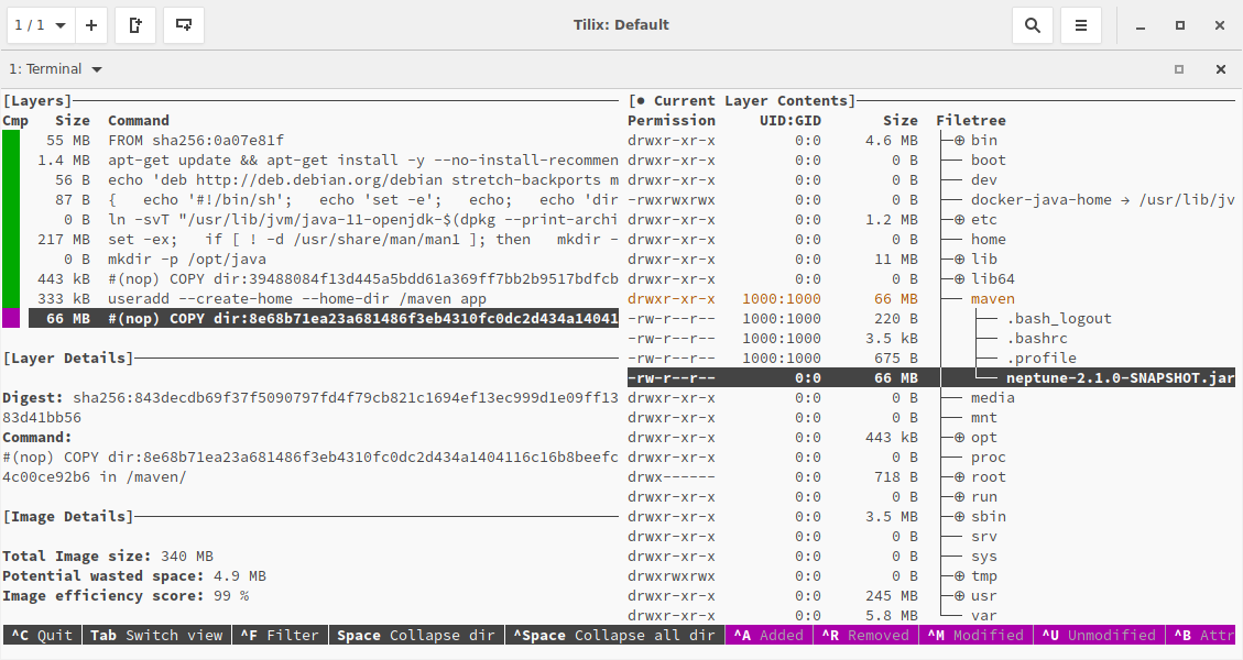 The interactive command-line tool dive shows the fat jar layer.