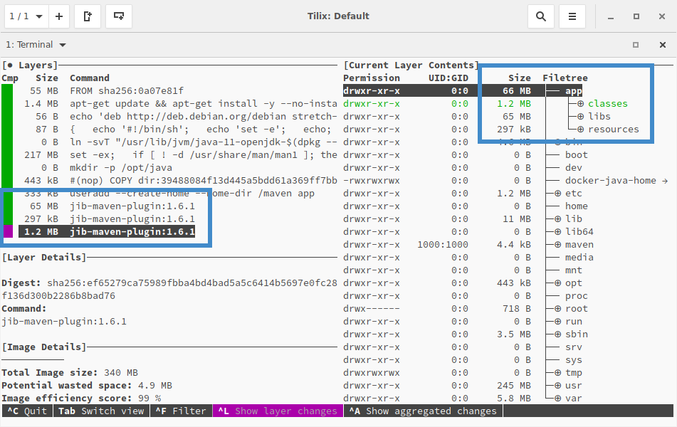 The three different layers for the dependencies, resources, and code in our built docker image with Jib